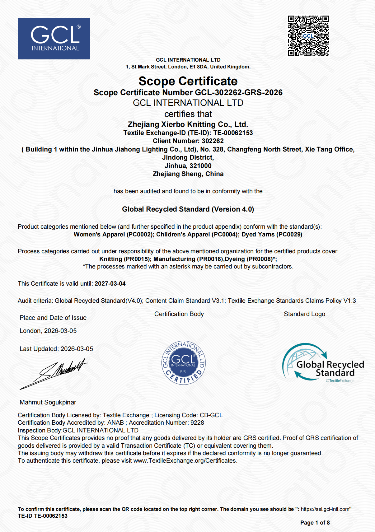GRS Global Recycled Standard Certificate