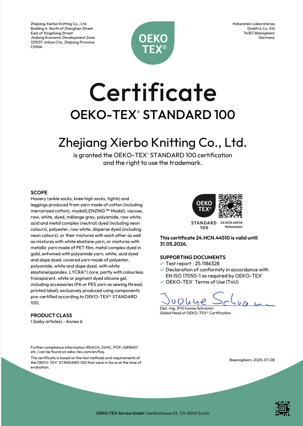 OEKO-TEX Standard 100 Textile Safety Certificate
